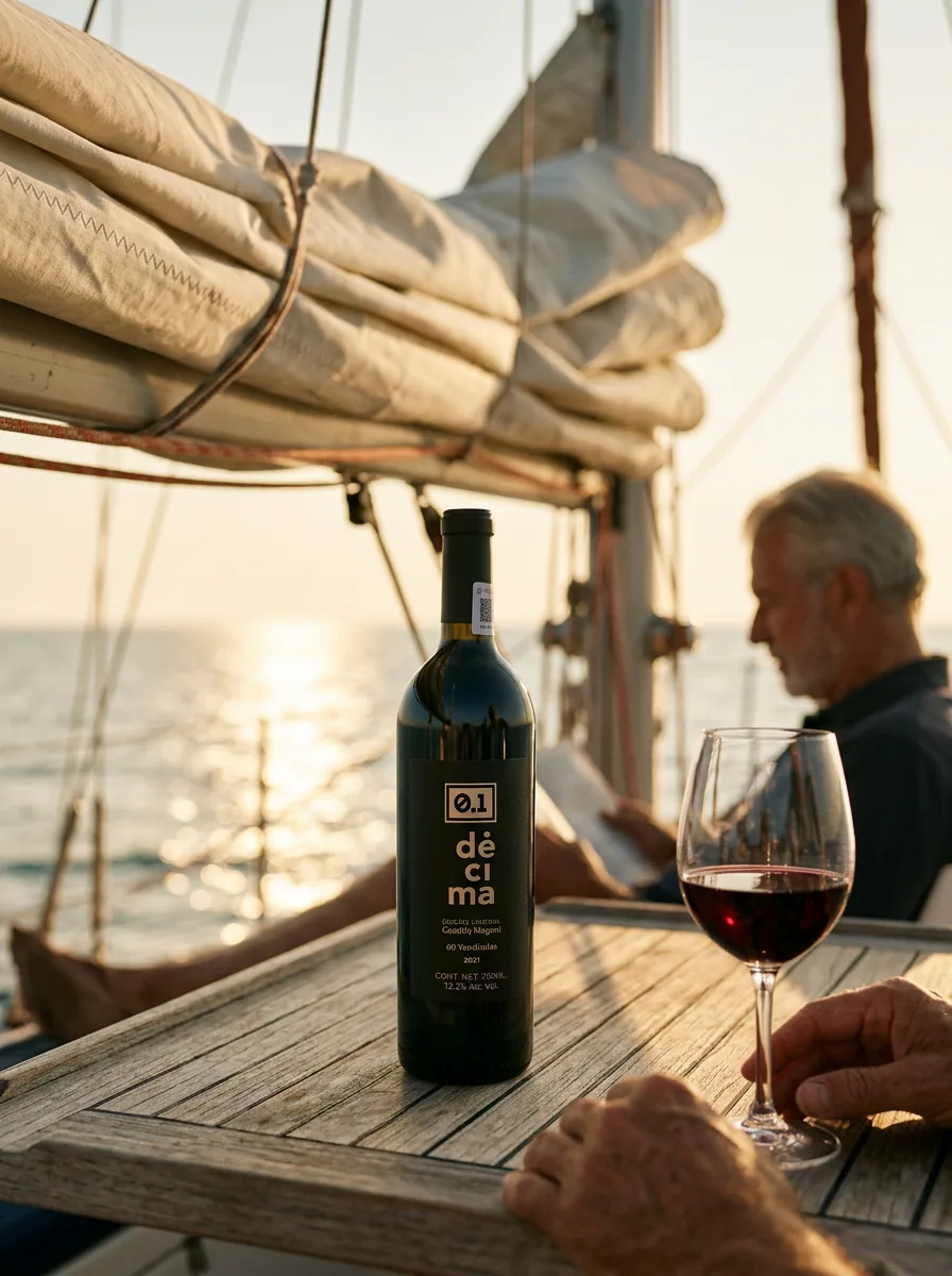 A bottle of DÉCIMA Limited Edition and a glass on a sailboat deck at sunset, with the sea in the background